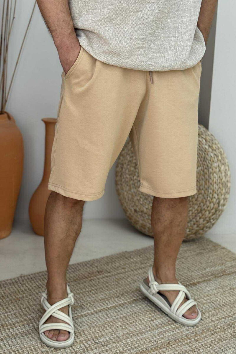 ELASTIC WAIST ONE COLOR MEN SHORT SWEATPANTS BEIGE/BEZHE - 3