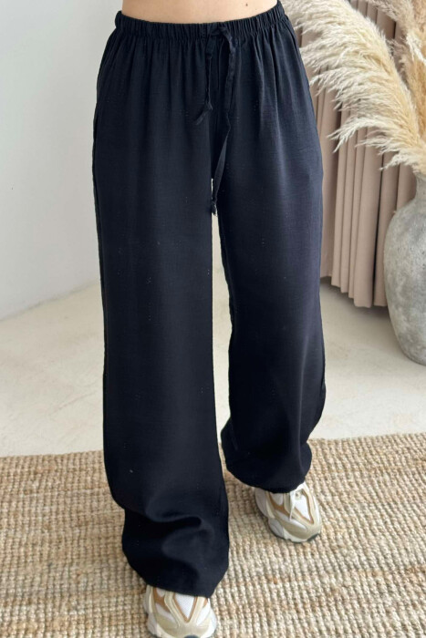 ELASTIC WAIST ONE COLOR SIMPLE WOMEN TROUSERS BLACK/ E ZEZE - 3