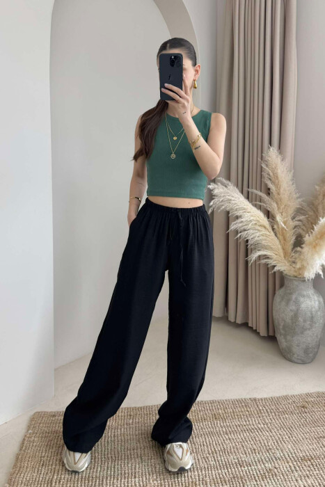 ELASTIC WAIST ONE COLOR SIMPLE WOMEN TROUSERS BLACK/ E ZEZE - 2