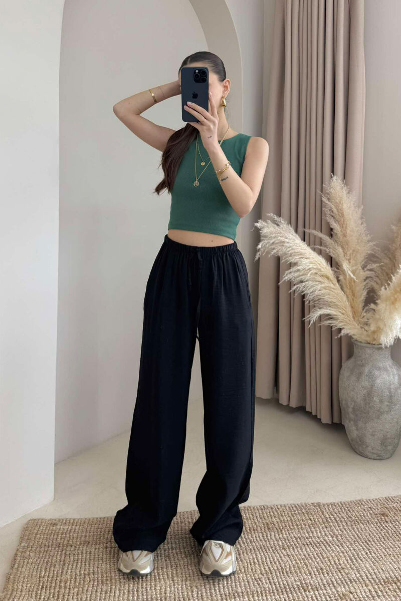ELASTIC WAIST ONE COLOR SIMPLE WOMEN TROUSERS BLACK/ E ZEZE - 1