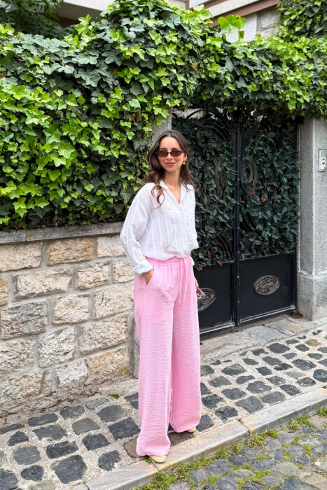 ELASTIC WAIST ONE COLOR WOMEN TROUSERS PINK/ROZE - KLAUDIO FASHION
