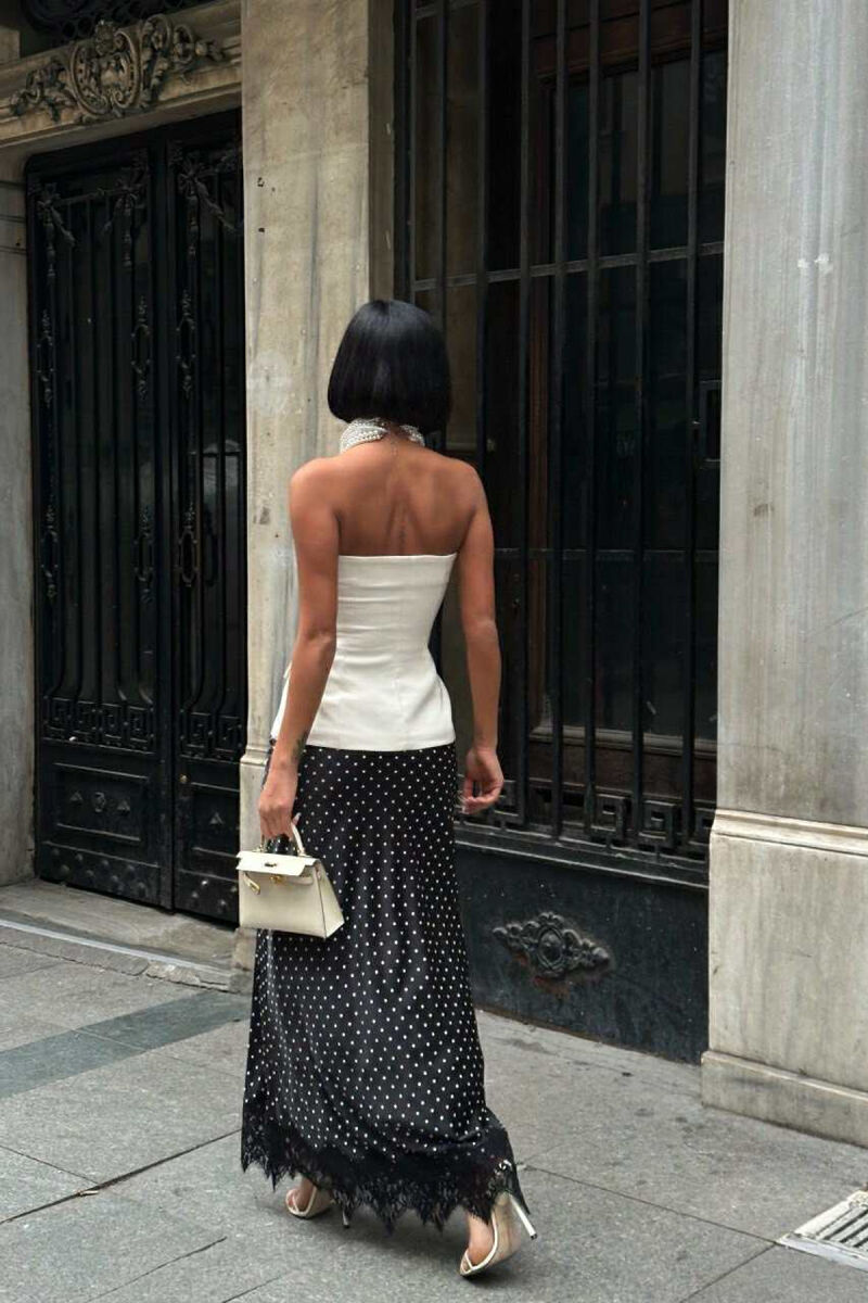 ELASTIC WAIST POLKA DOTS LONG WOMEN SKIRT BLACK/ E ZEZE - 4