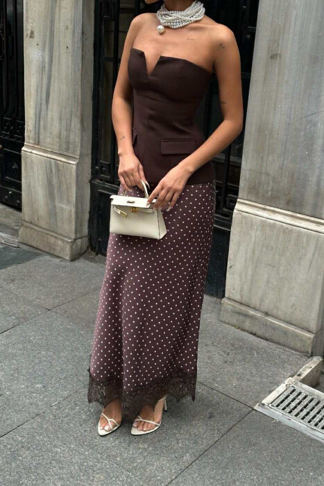 ELASTIC WAIST POLKA DOTS LONG WOMEN SKIRT BROWN/KAFE - 3