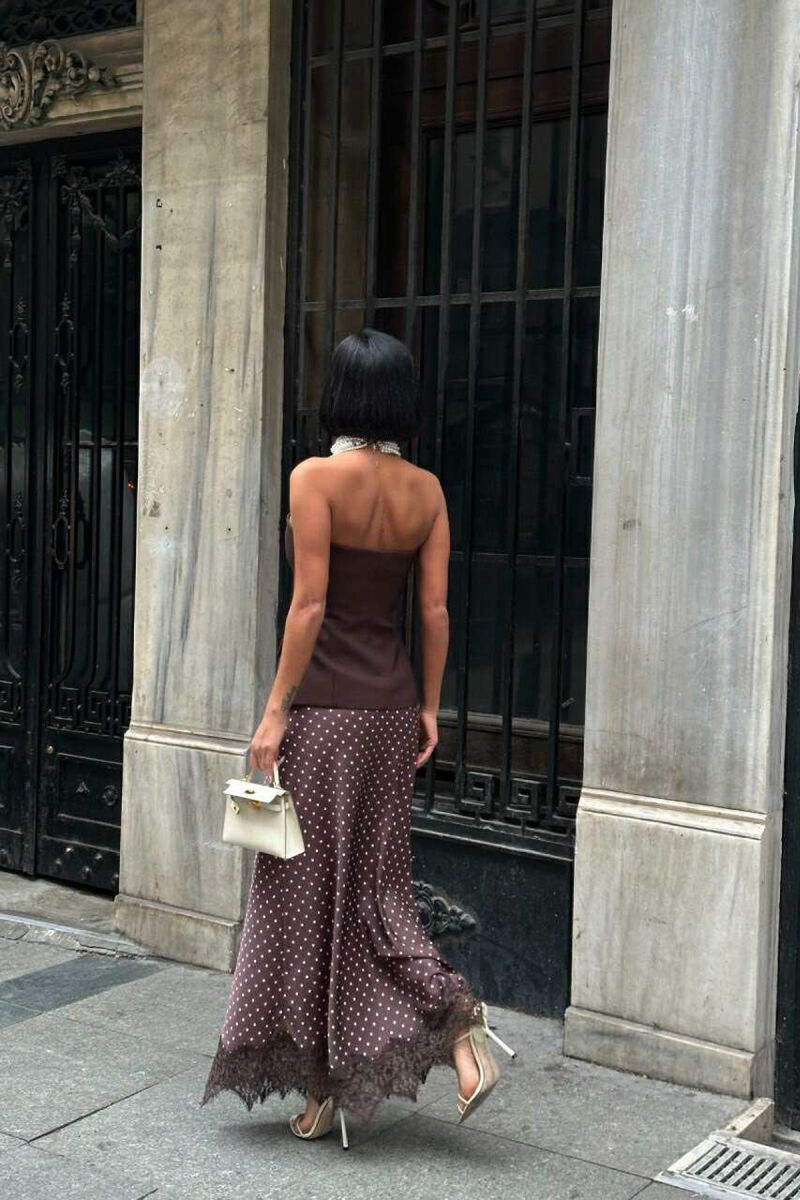 ELASTIC WAIST POLKA DOTS LONG WOMEN SKIRT BROWN/KAFE - 4