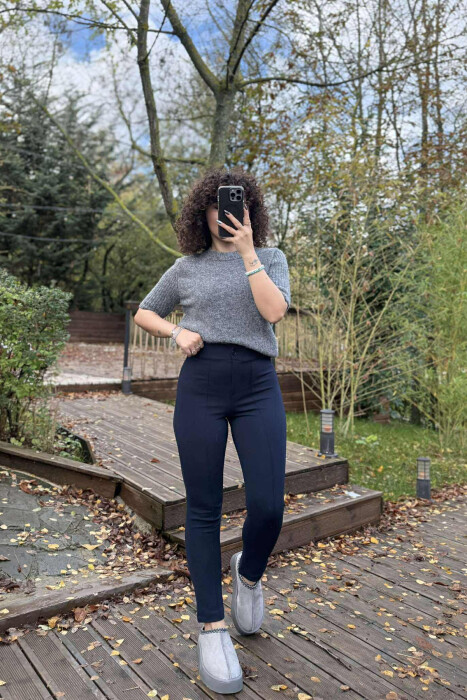 ELASTIC WAIST SIMPLE ONE COLOR WOMEN TROUSERS DARK BLUE/BEE 