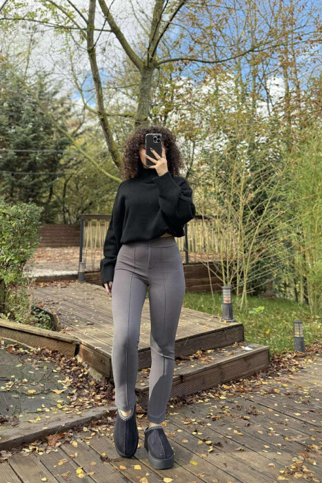 ELASTIC WAIST SIMPLE ONE COLOR WOMEN TROUSERS DARK GREY/GEE 