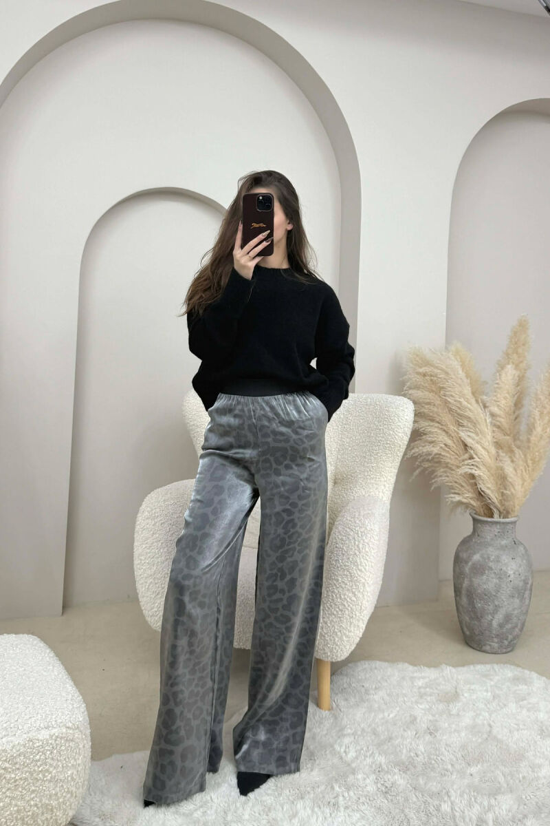ELASTIC WAIST WIDE LEG WOMEN TROUSERS GREY/GRI - 1