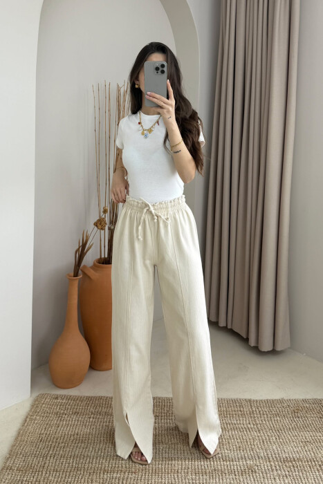 ELASTIC WAIST WIDE LEG ONE COLOR WOMEN TROUSERS CREAM/KREM - 2
