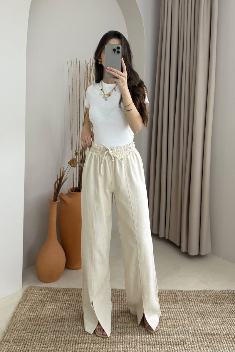 ELASTIC WAIST WIDE LEG ONE COLOR WOMEN TROUSERS CREAM/KREM - 2