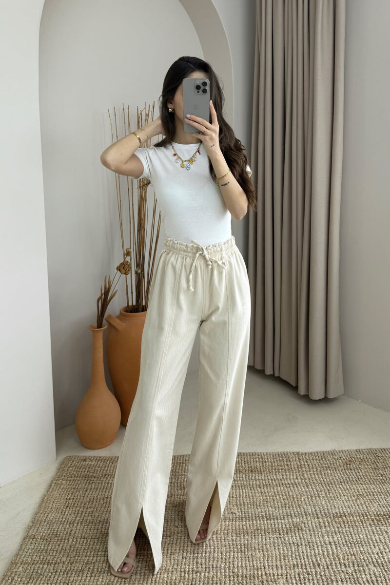 ELASTIC WAIST WIDE LEG ONE COLOR WOMEN TROUSERS CREAM/KREM - 3
