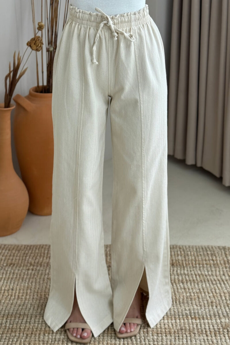 ELASTIC WAIST WIDE LEG ONE COLOR WOMEN TROUSERS CREAM/KREM - 1