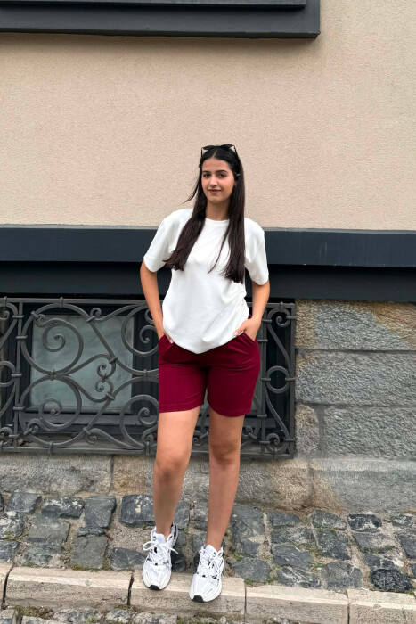 PANTALLONA TE SHKURTRA ME BEL ELASTIK PER FEMRA NE NGJYRE VISHNJE 