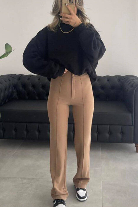 ELASTIC ONE COLOR WOMEN TROUSERS BEIGE/BEZHE - 1