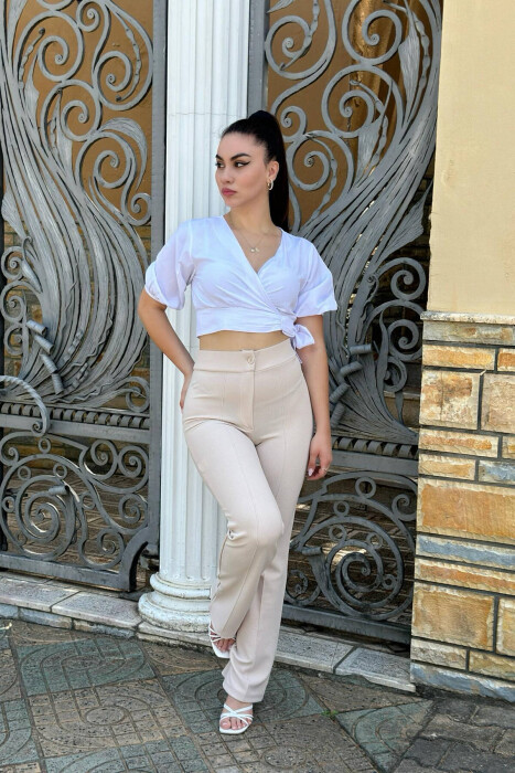 ELASTIC ONE COLOR WOMEN TROUSERS CREAM/KREM - 2