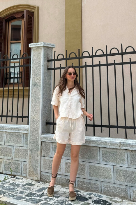 EMBROIDERED SHIRT + SHORTS WOMAN SET CREAM/KREM - KLAUDIO FASHION