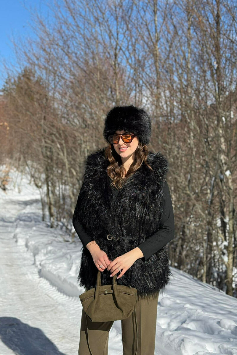 FAUX FUR BELT DETAIL WOMEN VEST BLACK/ E ZEZE - 1