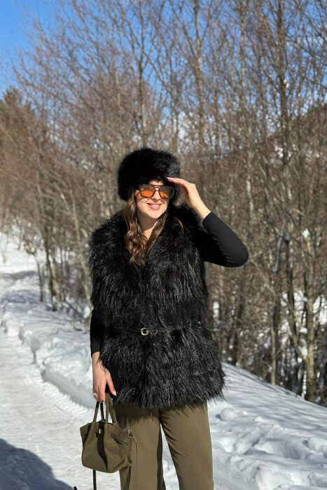 FAUX FUR BELT DETAIL WOMEN VEST BLACK/ E ZEZE - 3