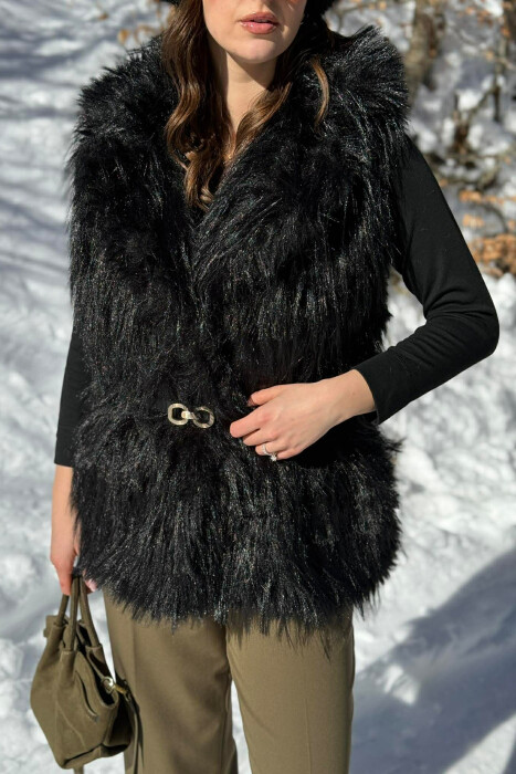 FAUX FUR BELT DETAIL WOMEN VEST BLACK/ E ZEZE - 4