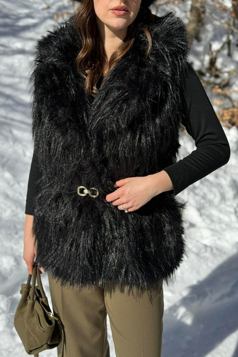 FAUX FUR BELT DETAIL WOMEN VEST BLACK/ E ZEZE - 4