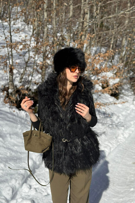 FAUX FUR BELT DETAIL WOMEN VEST BLACK/ E ZEZE - 6