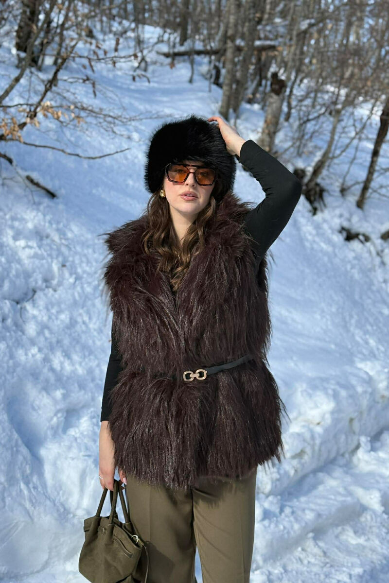 FAUX FUR BELT DETAIL WOMEN VEST BROWN/KAFE - 2