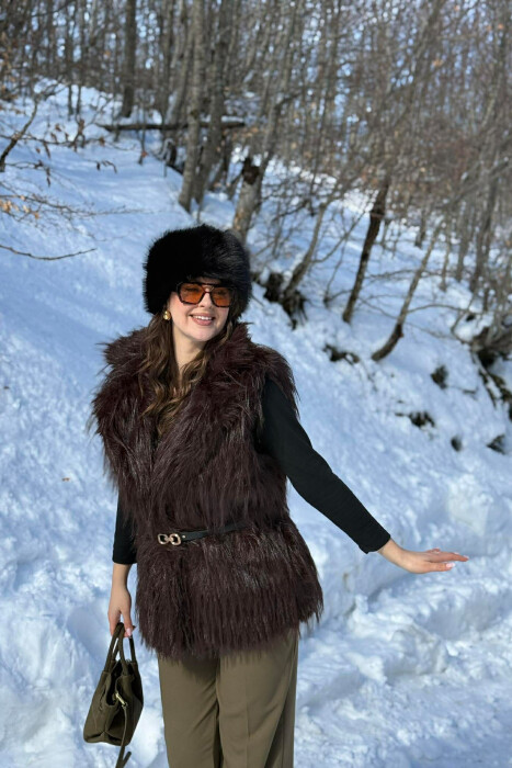 FAUX FUR BELT DETAIL WOMEN VEST BROWN/KAFE - 3