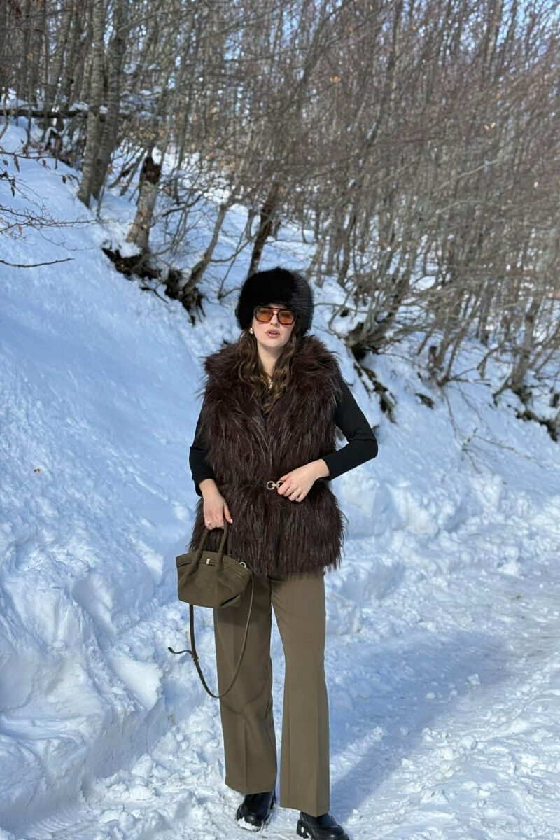 FAUX FUR BELT DETAIL WOMEN VEST BROWN/KAFE - 4