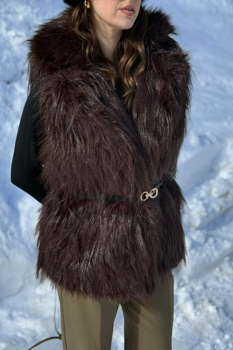 FAUX FUR BELT DETAIL WOMEN VEST BROWN/KAFE - 5