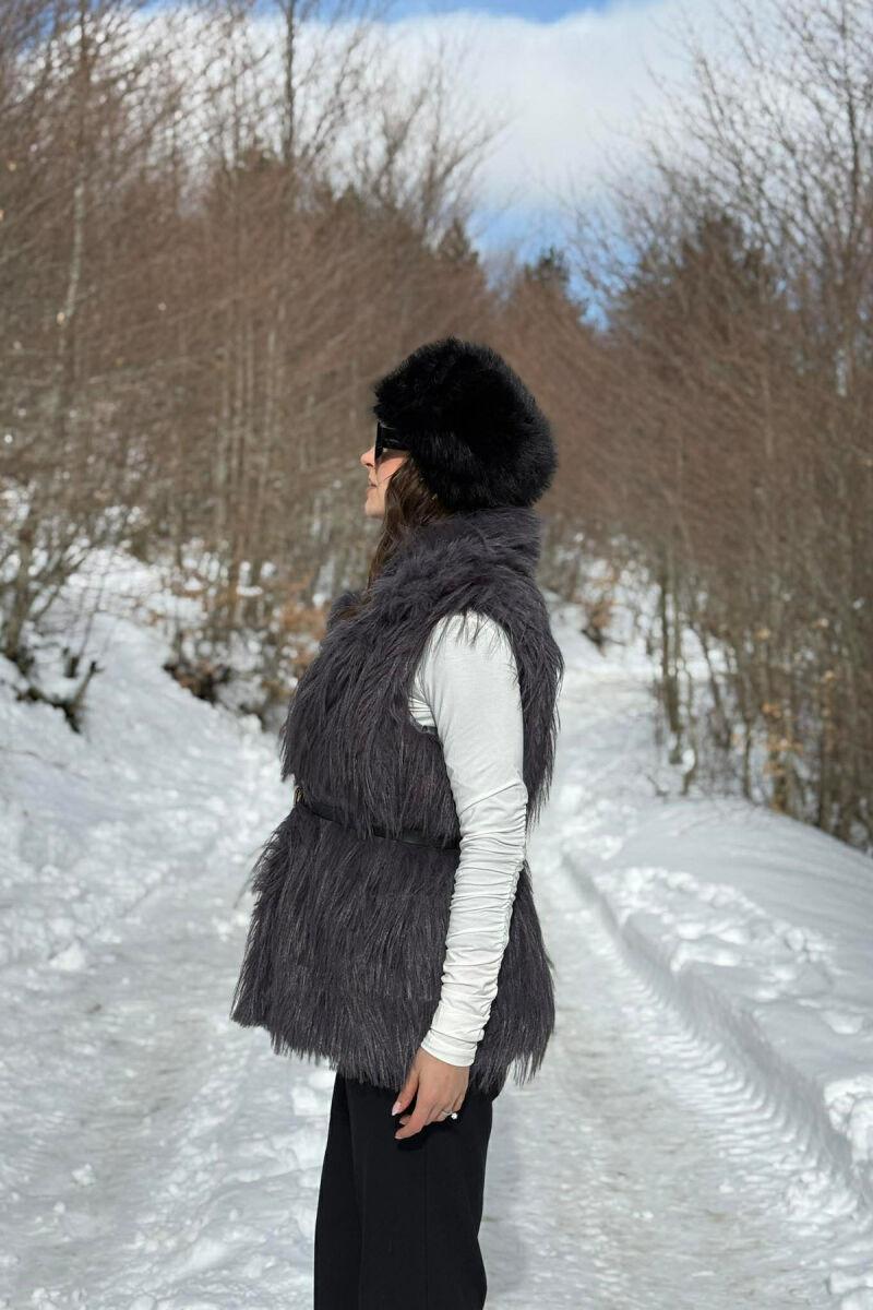 FAUX FUR BELT DETAIL WOMEN VEST DARK GREY/GEE - 4