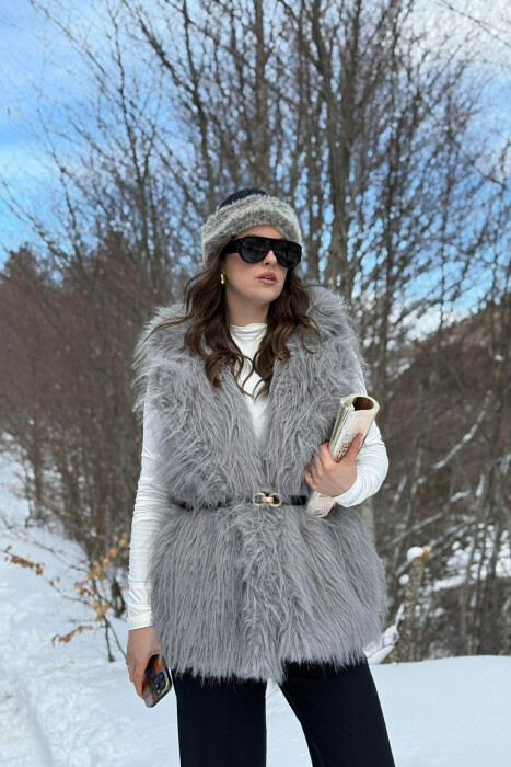 FAUX FUR BELT DETAIL WOMEN VEST GREY/GRI - 1
