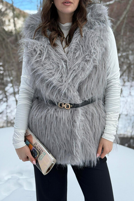FAUX FUR BELT DETAIL WOMEN VEST GREY/GRI - 2
