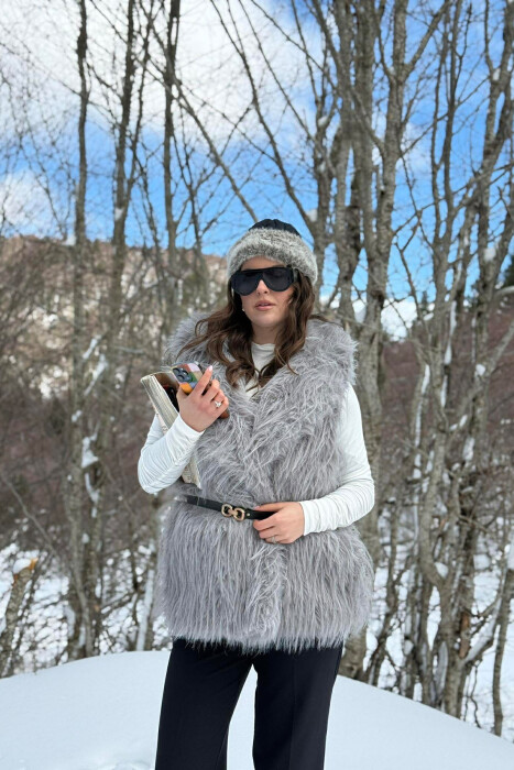 FAUX FUR BELT DETAIL WOMEN VEST GREY/GRI - 4