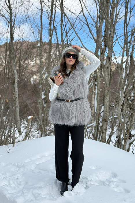 FAUX FUR BELT DETAIL WOMEN VEST GREY/GRI - 5