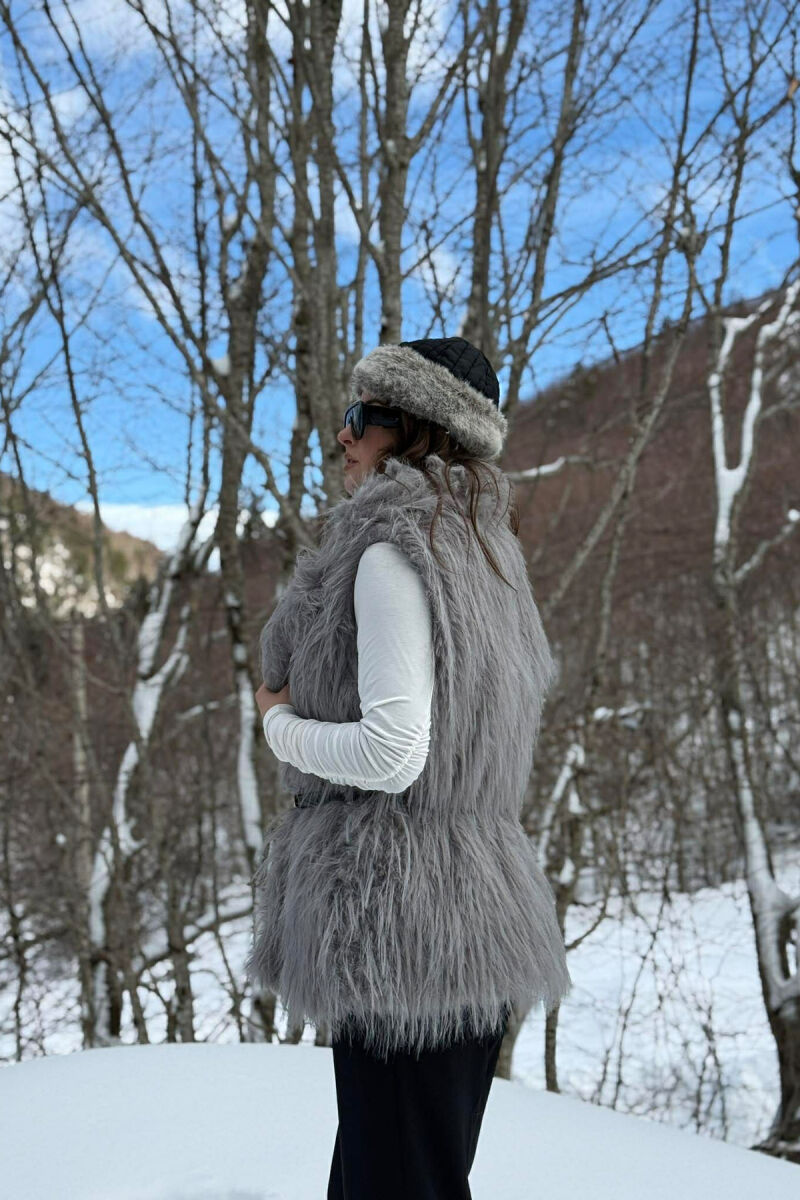 FAUX FUR BELT DETAIL WOMEN VEST GREY/GRI - 6