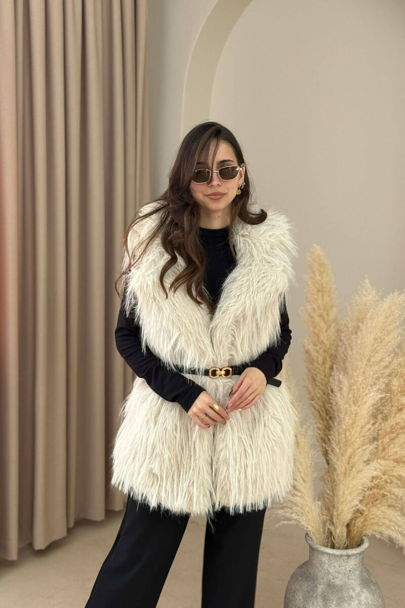 FAUX FUR BELT DETAIL WOMEN VEST WHITE-E BARDHE - 1