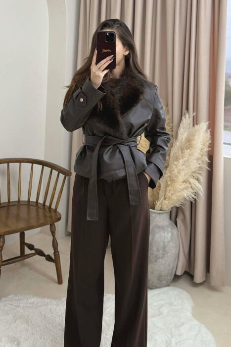 FAUX FUR DETAIL LACING LEATHER WOMEN JACKET BROWN/KAFE - 2