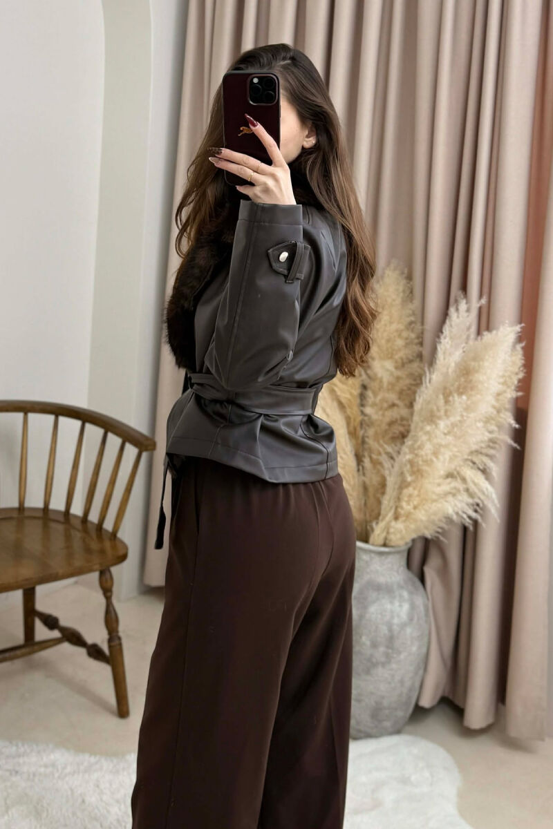 FAUX FUR DETAIL LACING LEATHER WOMEN JACKET BROWN/KAFE - 3