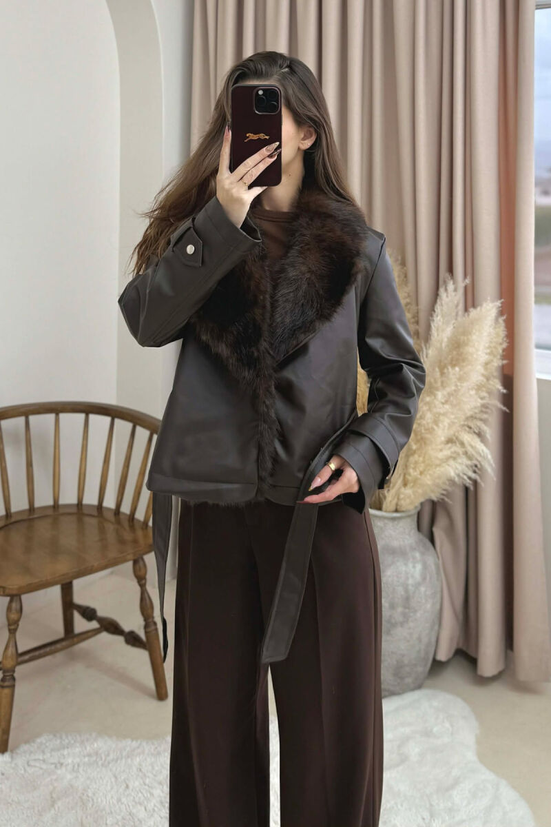 FAUX FUR DETAIL LACING LEATHER WOMEN JACKET BROWN/KAFE - 4