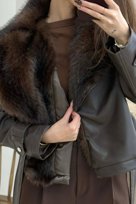 FAUX FUR DETAIL LACING LEATHER WOMEN JACKET BROWN/KAFE - 1
