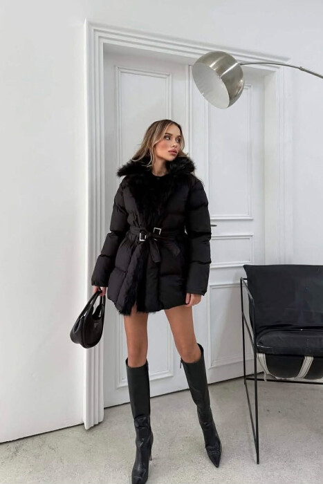 FAUX FUR DETAIL LACING WOMEN PUFFER JACKET BLACK/ E ZEZE - 2