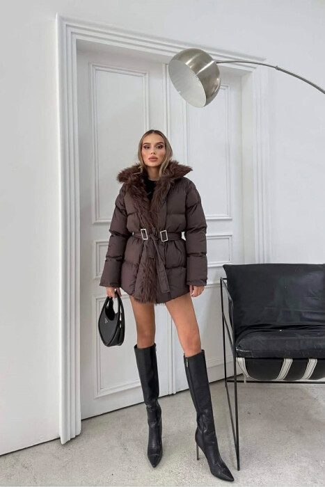 FAUX FUR DETAIL LACING WOMEN PUFFER JACKET BROWN/KAFE - 2