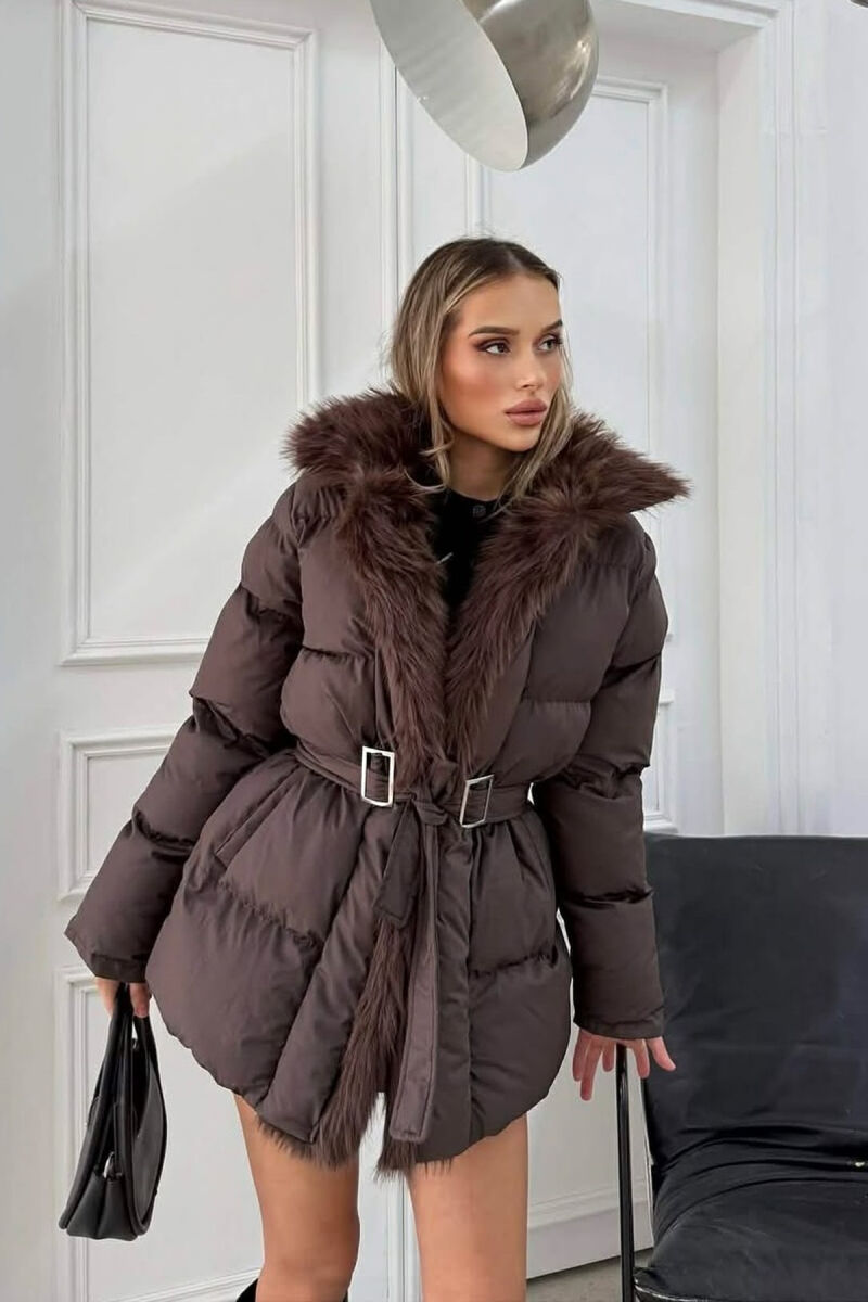 FAUX FUR DETAIL LACING WOMEN PUFFER JACKET BROWN/KAFE - 3