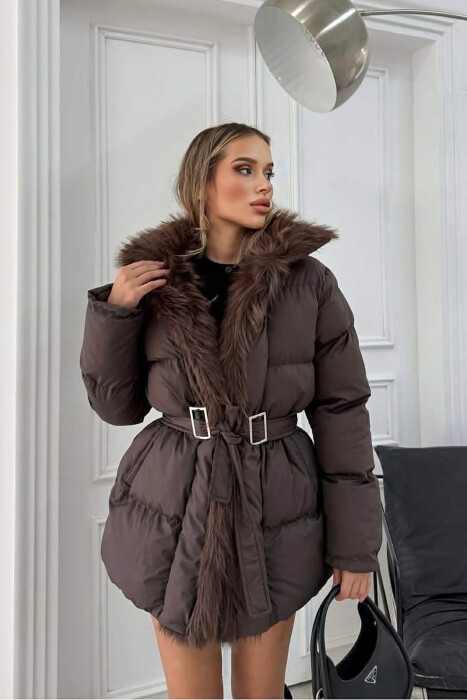FAUX FUR DETAIL LACING WOMEN PUFFER JACKET BROWN/KAFE - 1