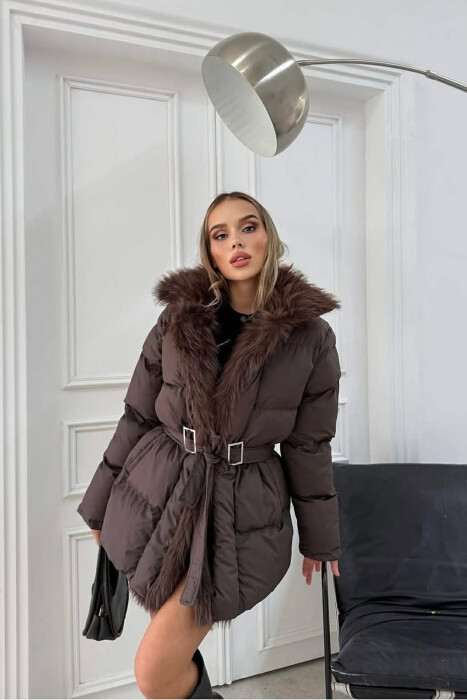 FAUX FUR DETAIL LACING WOMEN PUFFER JACKET BROWN/KAFE - 4