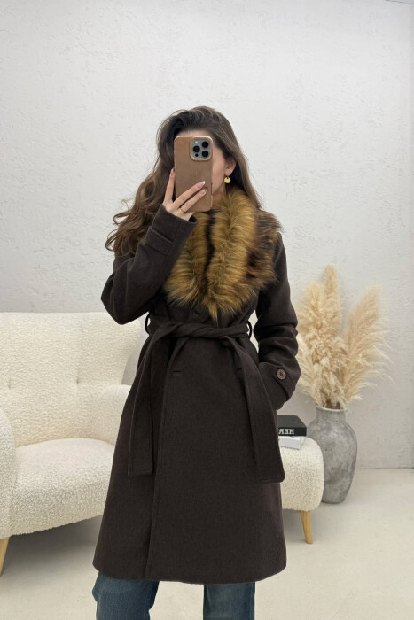 FAUX FUR NECK DETAIL WOMEN COAT BROWN/KAFE 