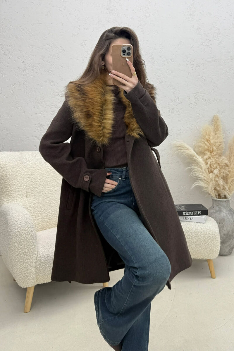 FAUX FUR NECK DETAIL WOMEN COAT BROWN/KAFE - 2