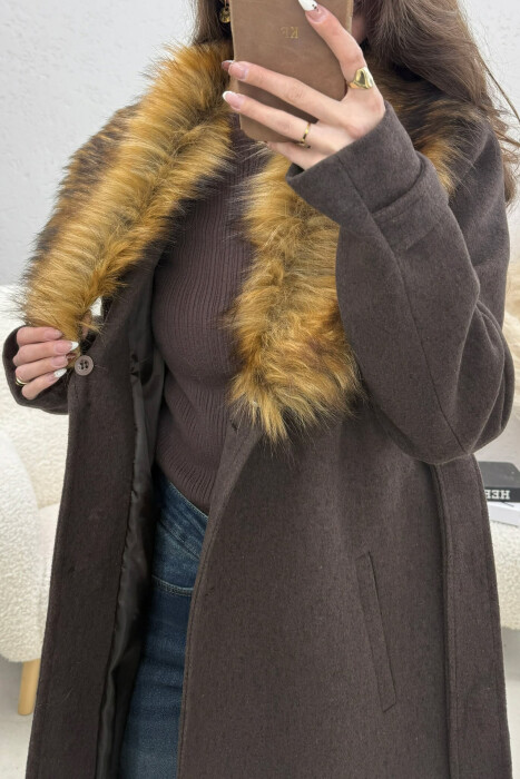 FAUX FUR NECK DETAIL WOMEN COAT BROWN/KAFE - 3