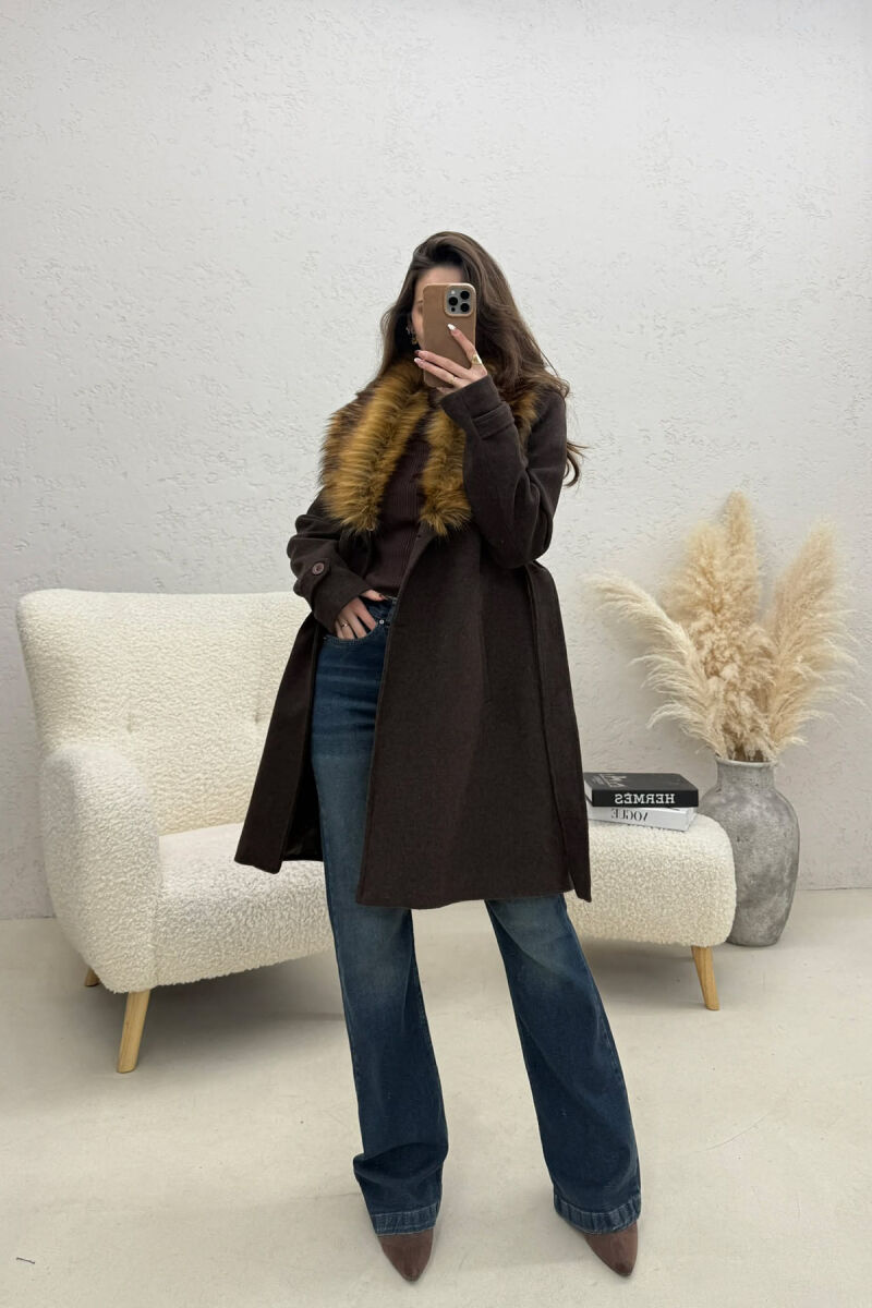 FAUX FUR NECK DETAIL WOMEN COAT BROWN/KAFE - 4