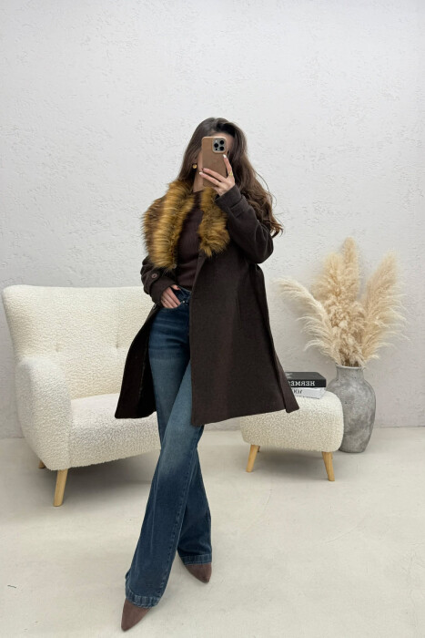 FAUX FUR NECK DETAIL WOMEN COAT BROWN/KAFE - 5