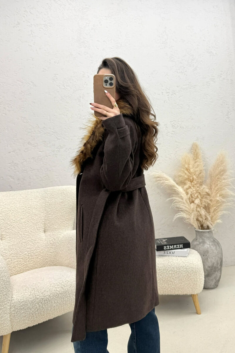 FAUX FUR NECK DETAIL WOMEN COAT BROWN/KAFE - 6